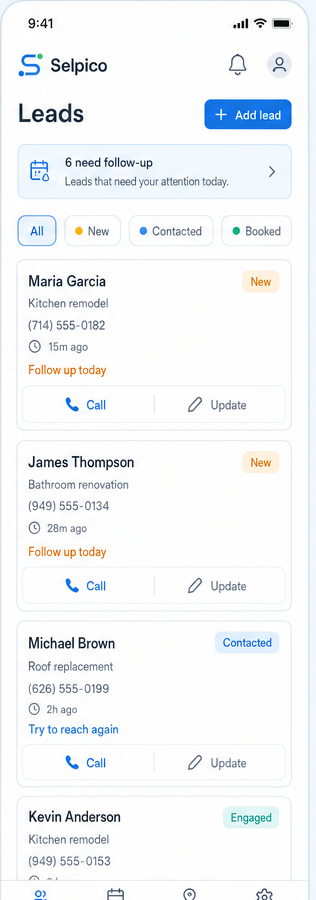 Selpico mobile lead list with follow-up reminders and call buttons